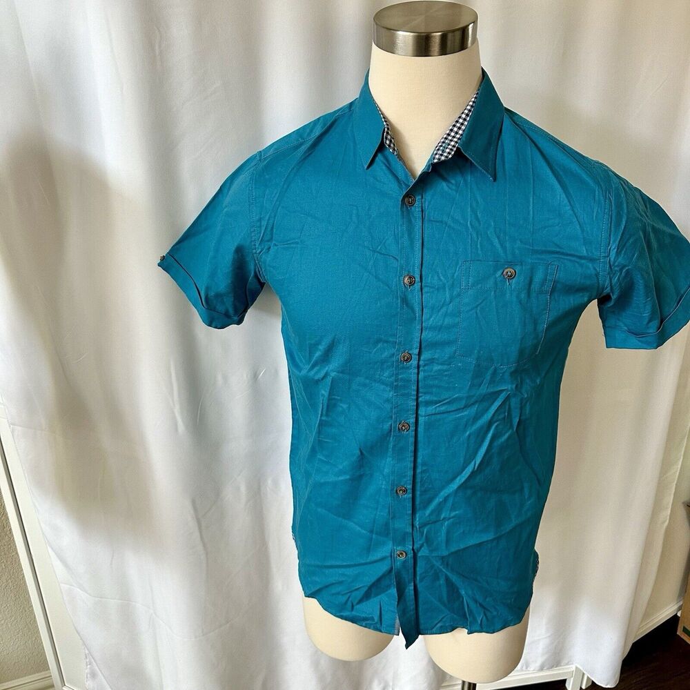 Marc Ecko Men Blue Grey Short Sleeve Button Up Small Cotton Checkered Accents